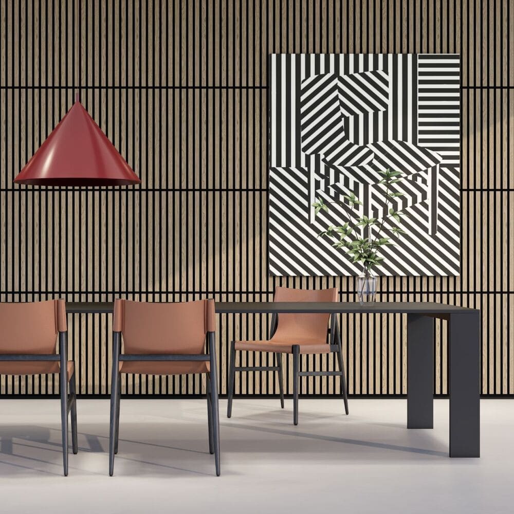 Hush Natural Walnut acoustic slat wood wall panels in a modern dining room