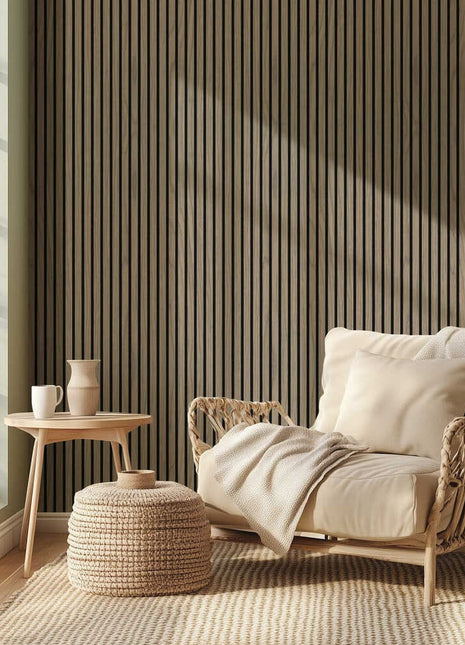 Hush Natural Walnut acoustic slat wood wall panels in a cozy living room