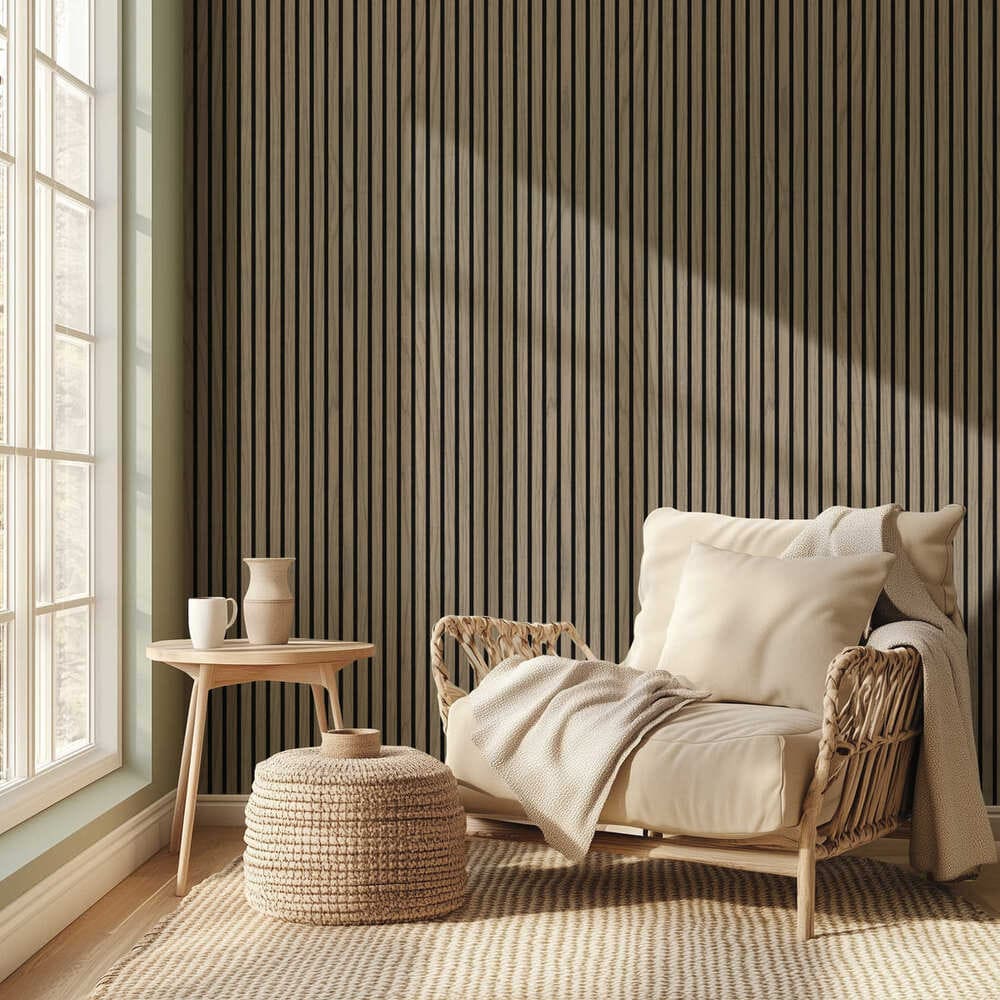 Hush Natural Walnut acoustic slat wood wall panels in a cozy living room