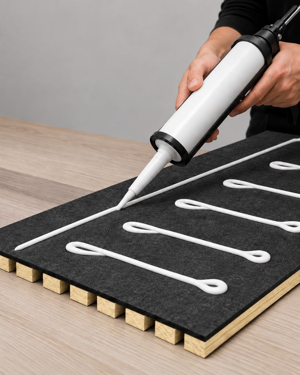 Apply construction adhesive evenly to the back of the PET layer.