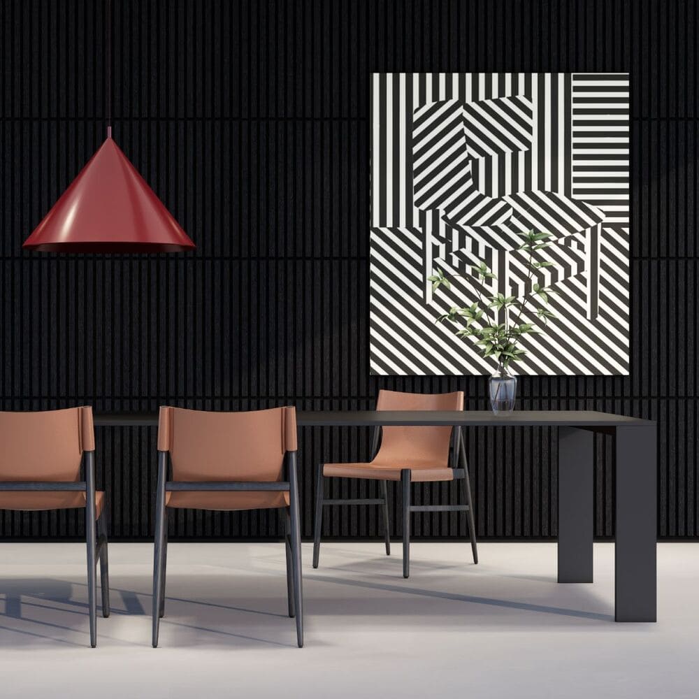 Walldi Hush Black Oak 2 x 2 ft acoustic wall panels in a modern dining room, adding texture, style, and sound absorption.