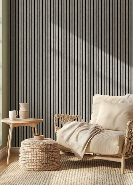 Walldi Hush Grey Oak acoustic slat wood wall panels in a cozy living room