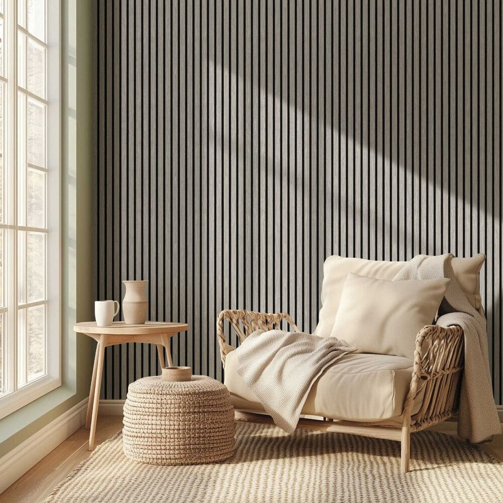 Walldi Hush Grey Oak acoustic slat wood wall panels in a cozy living room
