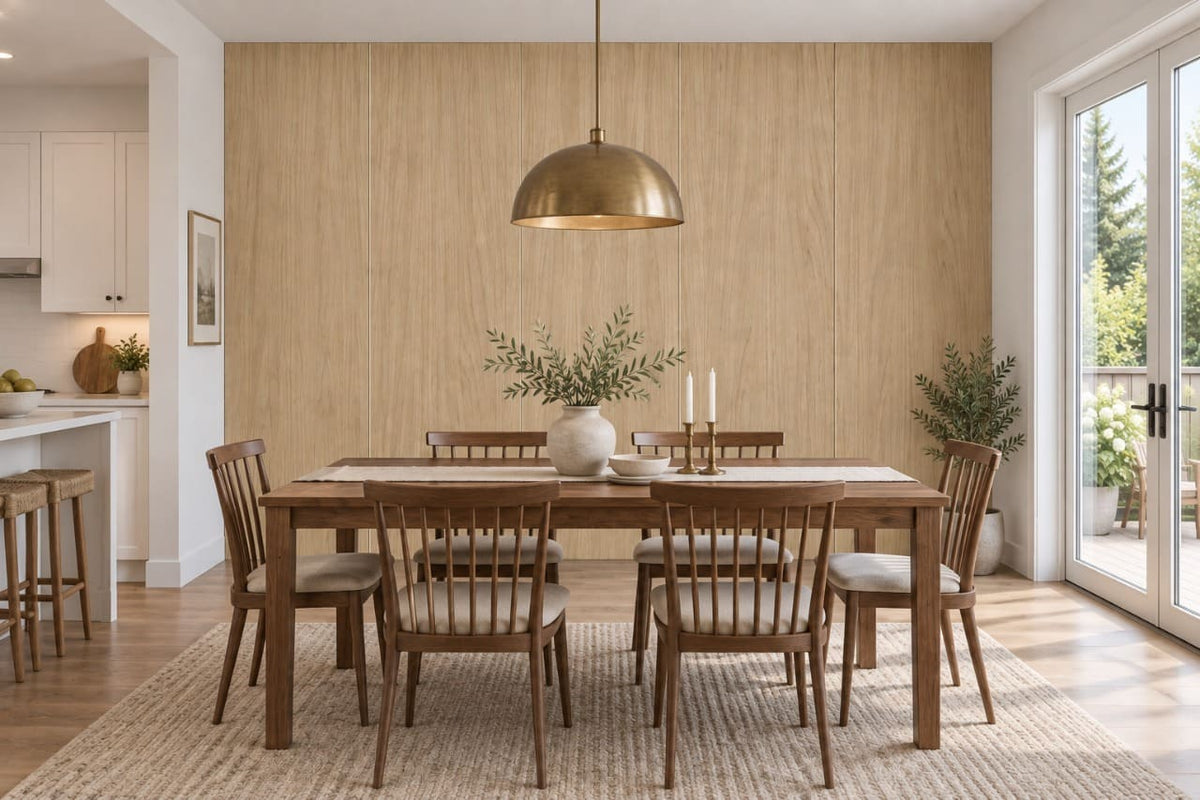 Wallslab Wheat Veil flat wall panels dining room wood table pendant light