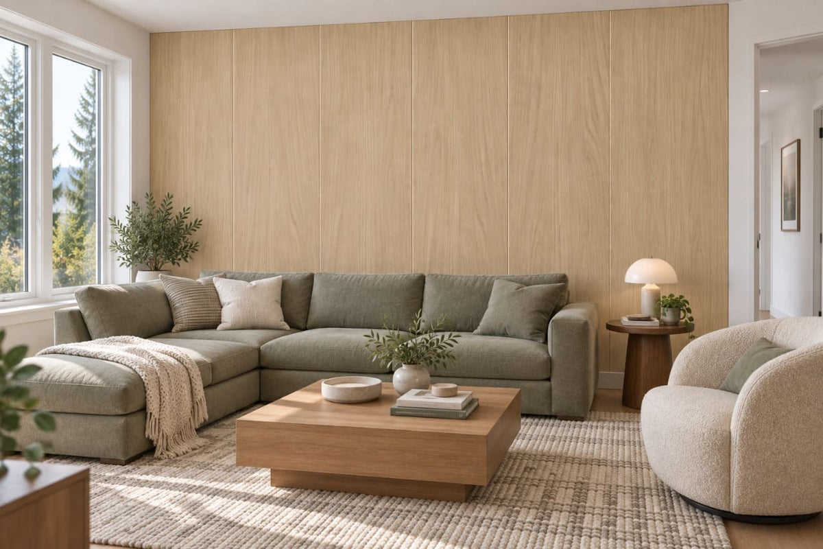 Wallslab Wheat Veil flat wall panels living room sectional sofa coffee table