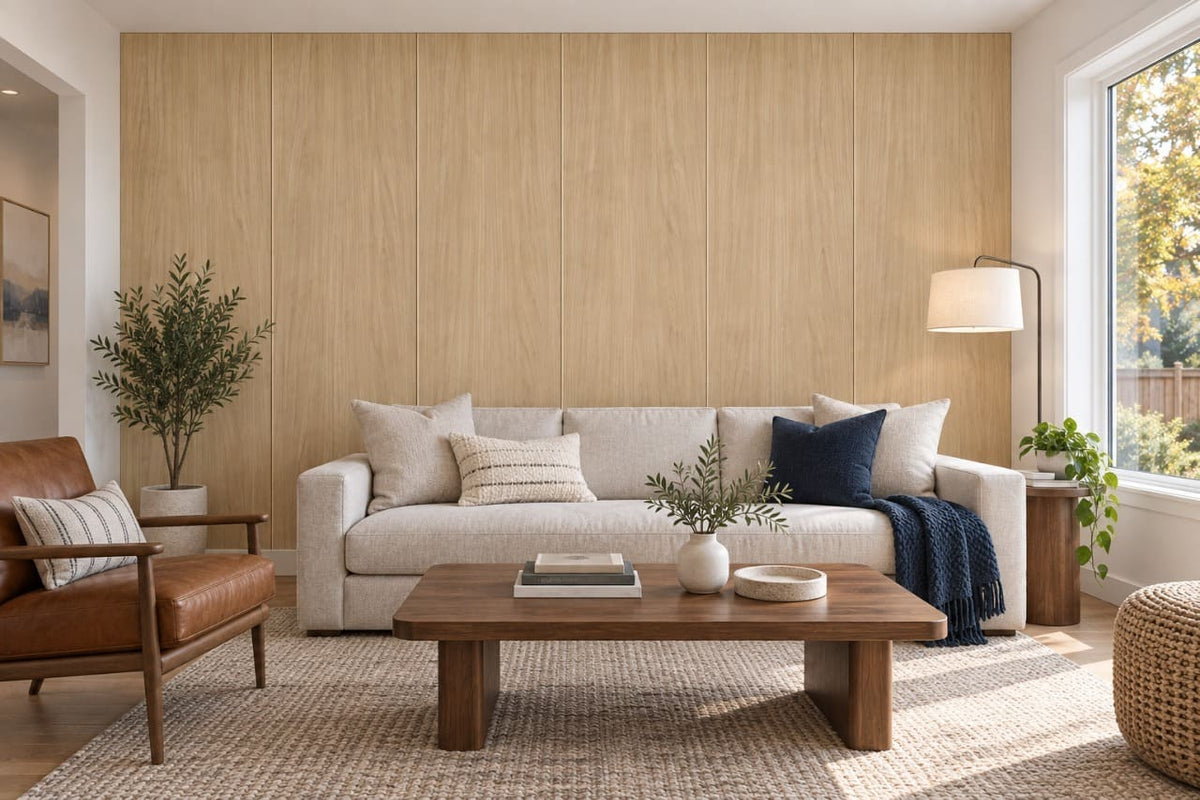 Wallslab Wheat Veil flat wall panels living room white sofa leather chair